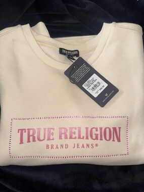 True Religion Cream Crewneck with Pink Logo Detail